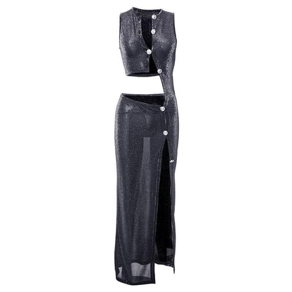 Glitter Asymmetrical Cutout Diagonal Button Sleeveless High Slit Maxi Dress