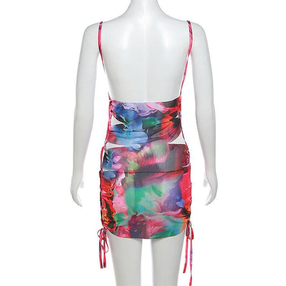 Floral Print Drawstring Waist Cutout Cami Mini Dress
