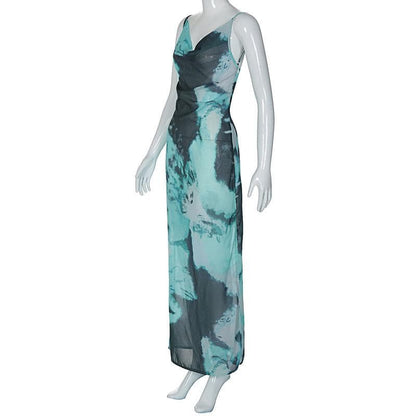 Abstract Tie Dye Print Cowl Neck Spaghetti Strap High Slit Maxi Dress