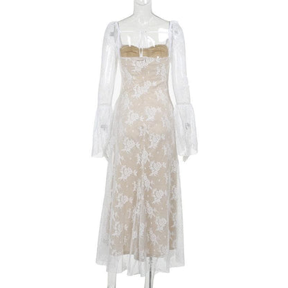 Square Neck Corset Lace Long Sleeve Bell Cuff Paneled Maxi Dress