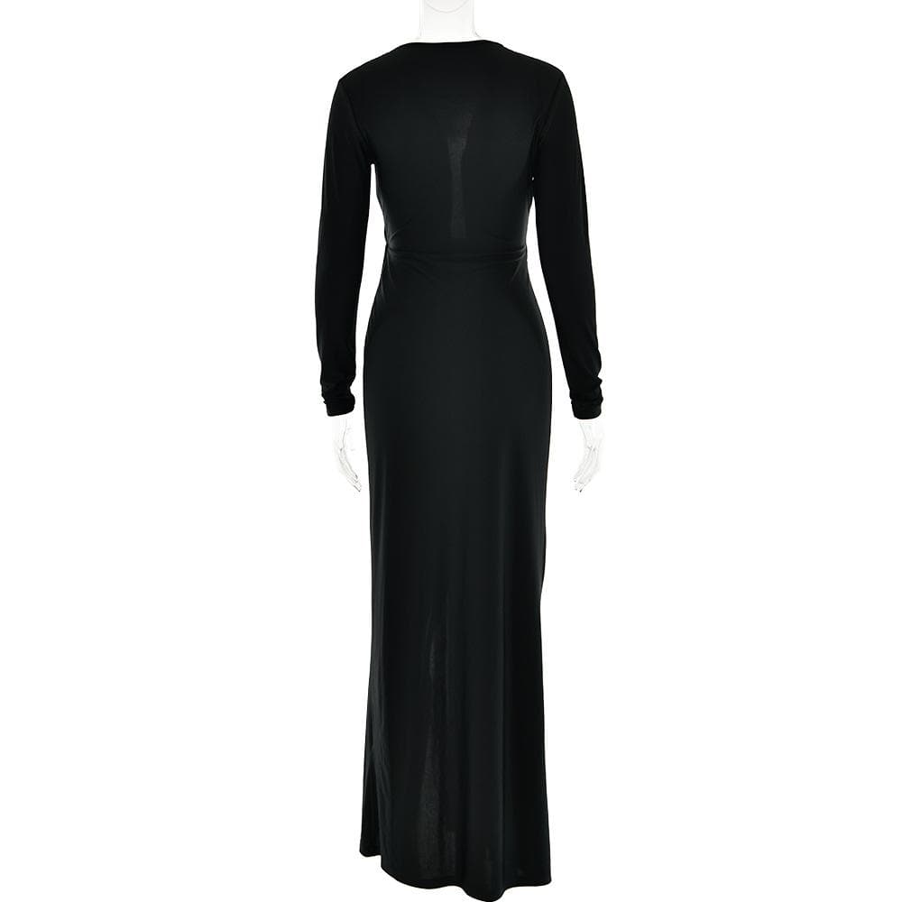 Long Sleeve Deep V Neck Knot Waist Ruched Gathered Maxi Dress