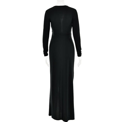 Long Sleeve Deep V Neck Knot Waist Ruched Gathered Maxi Dress