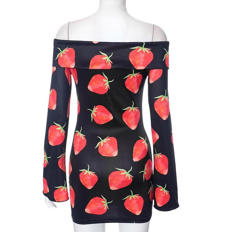 Strawberry Print Off Shoulder Flared Cuff Long Sleeve Bodycon Mini Dress