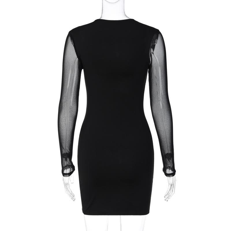 Mesh Long Sleeve Flame Panel Cut Out Bodycon Mini Dress