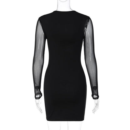Mesh Long Sleeve Flame Panel Cut Out Bodycon Mini Dress