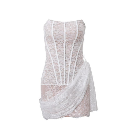 Floral Lace Strapless Corset Boning Draped Wrap Mini Dress