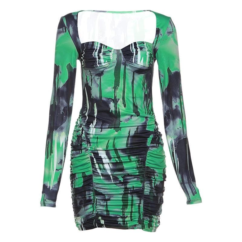 Abstract Print Long Sleeve Square Neck Sweetheart Ruched Bodycon Mini Dress