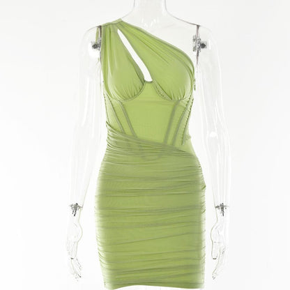 One-Shoulder Corset Panel Side Ruched Mesh Bodycon Mini Dress