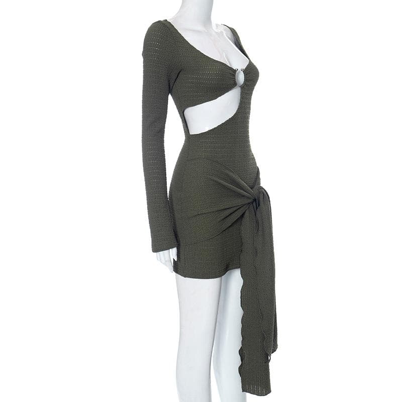 Deep Scoop Neck O-Ring Cutout Side Tie Ruched Bodycon Mini Dress