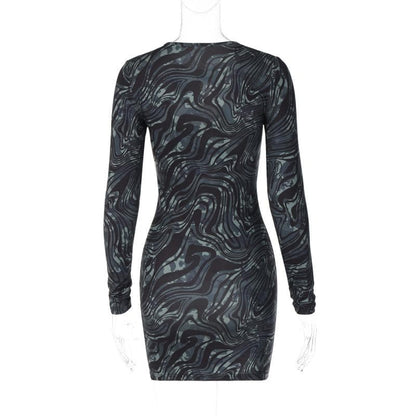 Crew Neck Long Sleeve Rhinestone Button Cutout Marble Print Mini Dress