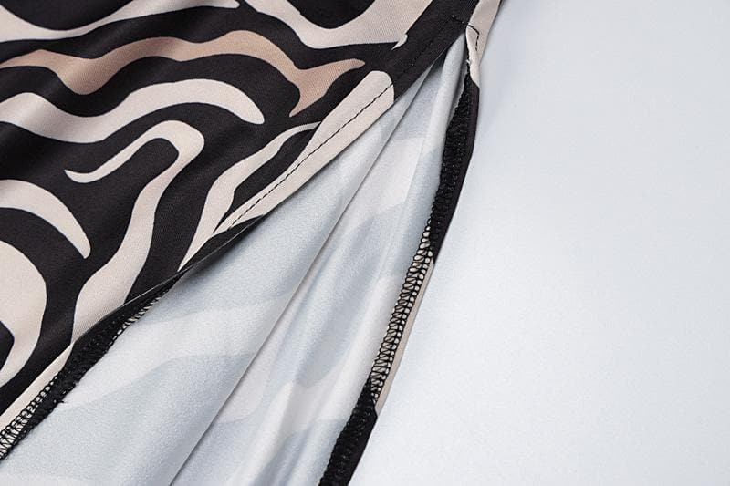 Square Neck Spaghetti Strap Lace Waistband Zebra Print Side Slit Maxi Dress