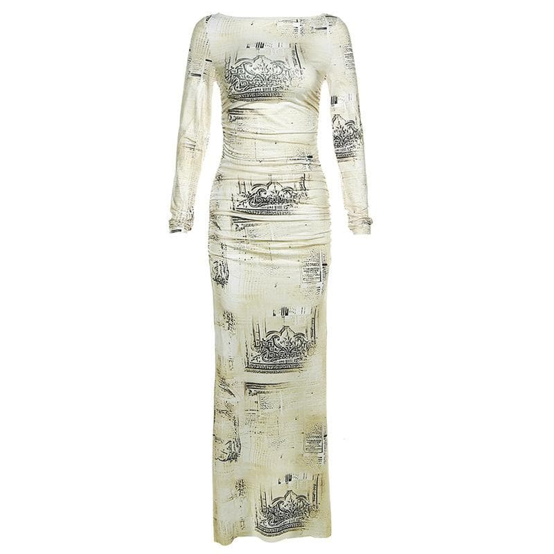 Crew Neck Long Sleeve Newspaper Print Ruched Side Bodycon Maxi Dress
