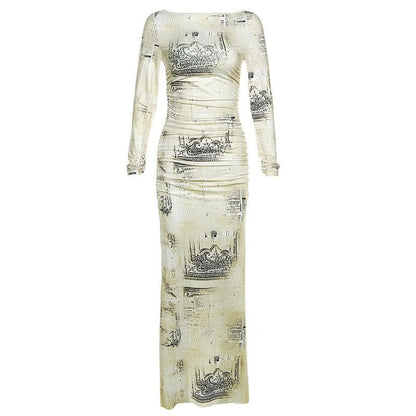 Crew Neck Long Sleeve Newspaper Print Ruched Side Bodycon Maxi Dress