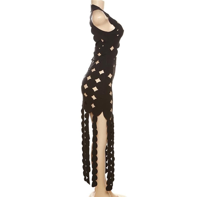 Scalloped Cutout Diamond Pattern High Slit Fringe Hem Sleeveless Maxi Dress