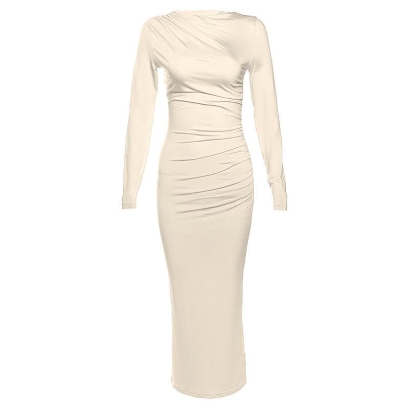Boat Neck Ruched Gathered Long Sleeve Zip Maxi Dress