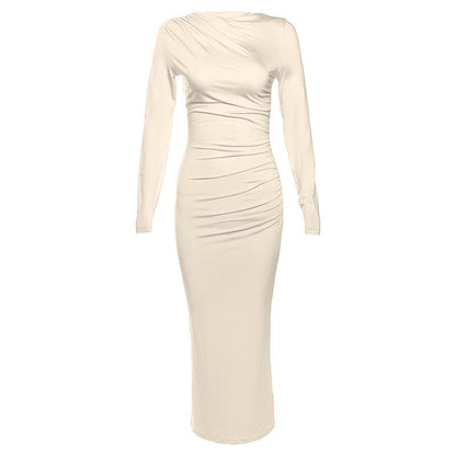 Boat Neck Ruched Gathered Long Sleeve Zip Maxi Dress