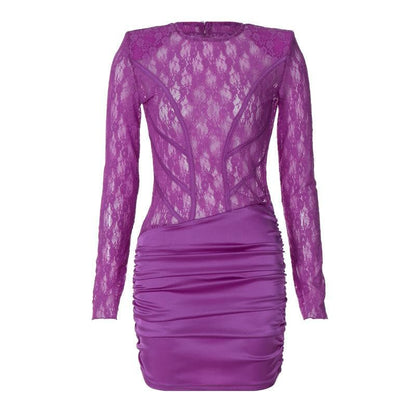 Floral Lace Crew Neck Corset Panel Ruched Satin Bodycon Mini Dress