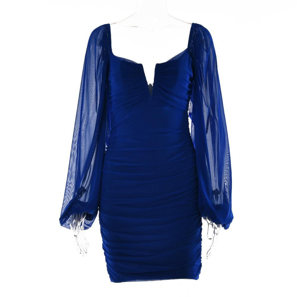 Strapless V-Notch Off Shoulder Puff Sleeve Ruched Mesh Mini Dress