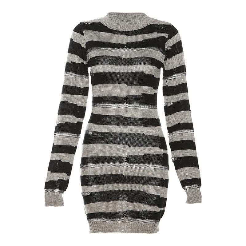 Crew Neck Distressed Open Knit Glitch Stripe Rib Knit Mini Dress