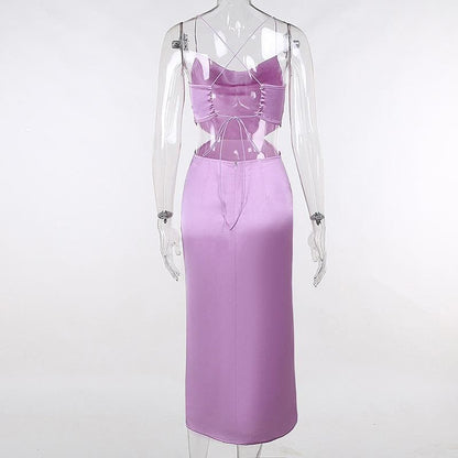 Cowl Neck Criss Cross Strap Side Cutout Satin Midi Dress