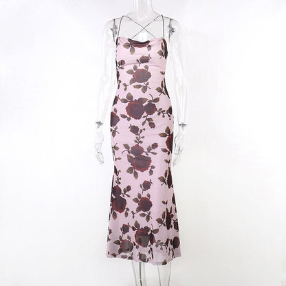 Cowl Neck Criss Cross Strap Floral Mermaid Maxi Gown