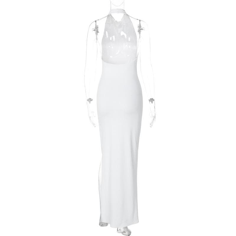 Cowl Neck Halter Sleeveless Side Slit Ruched Bodycon Maxi Dress