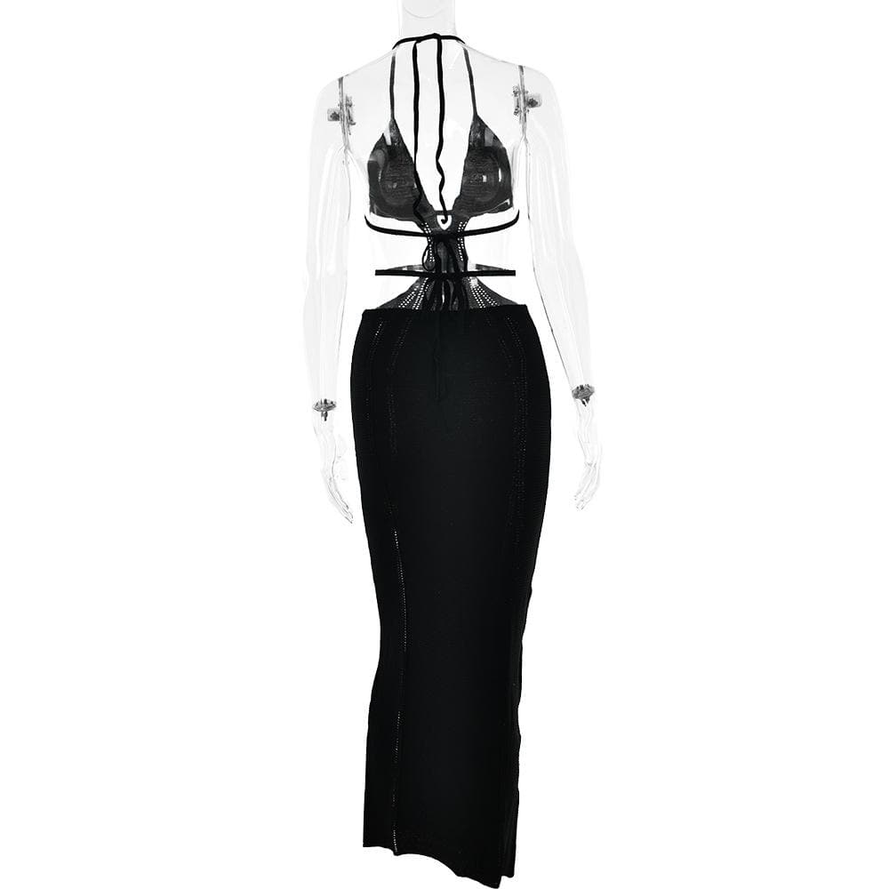 Halter V-Neck Side Cutout Knit Panel Bodycon Maxi Dress