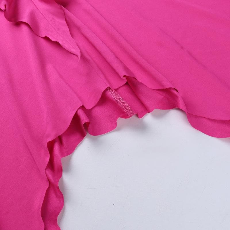 Halter Deep V Rosette Applique Ruffle Trim Asymmetric Hem Mini Dress