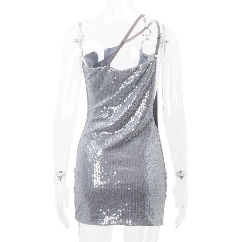 One Shoulder O Ring Keyhole Sequin Bodycon Mini Dress