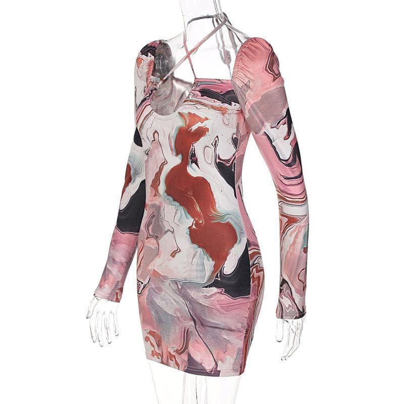 Marble Print Square Neck Halter Tie Long Sleeve Mini Dress