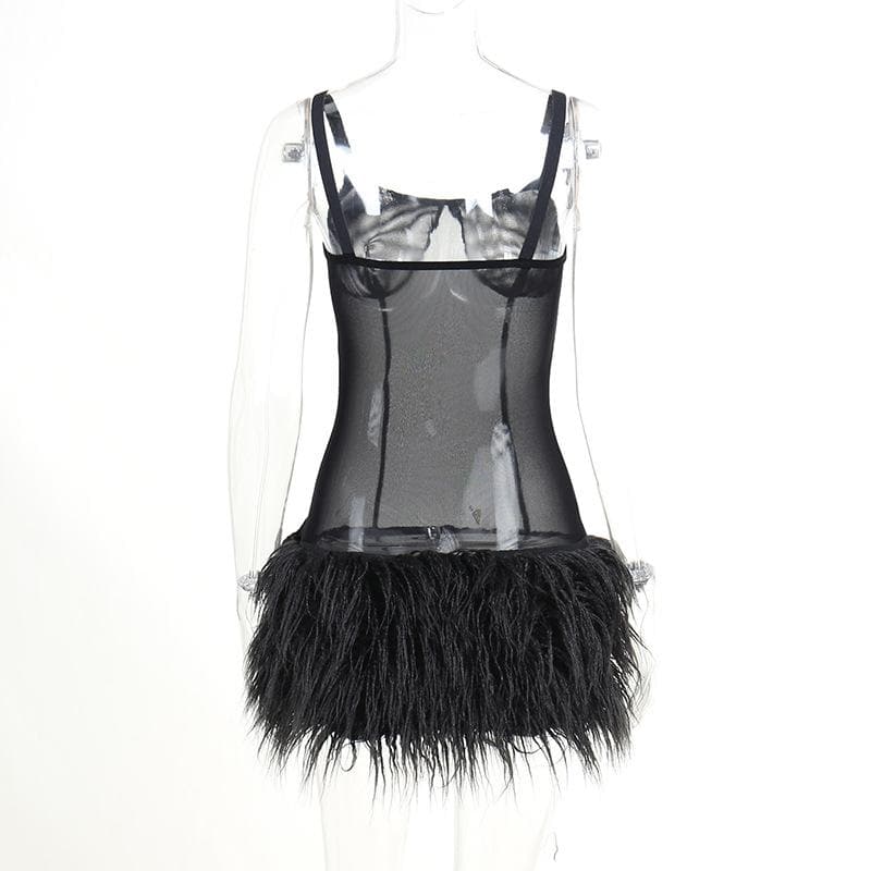 Square Neck Mesh Panel Feather Hem Bodycon Mini Dress