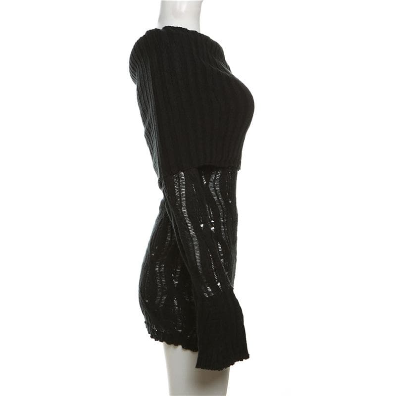 Off Shoulder Ribbed Collar Distressed Open Knit Long Sleeve Mini Dress
