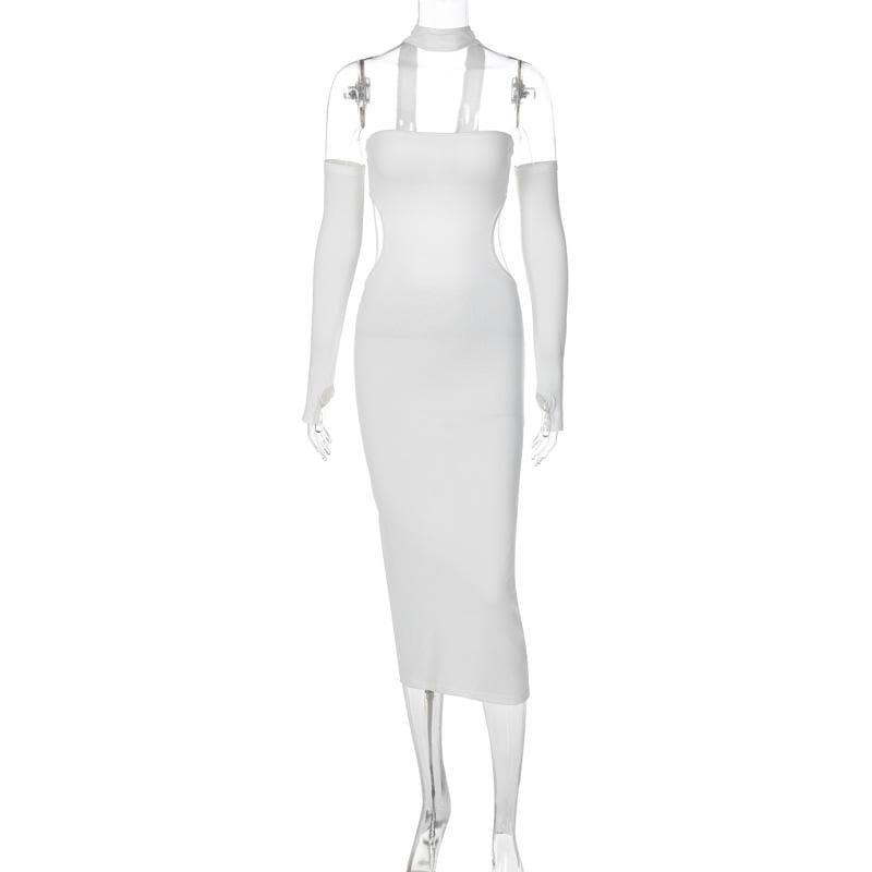 Halter Choker Glove Thumbhole Side Cutout Backless Midi Dress