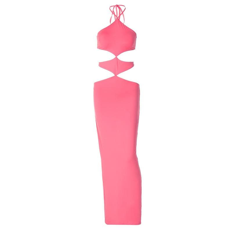 Halter Self Tie Diamond Cutout Waist Bodycon Maxi Dress