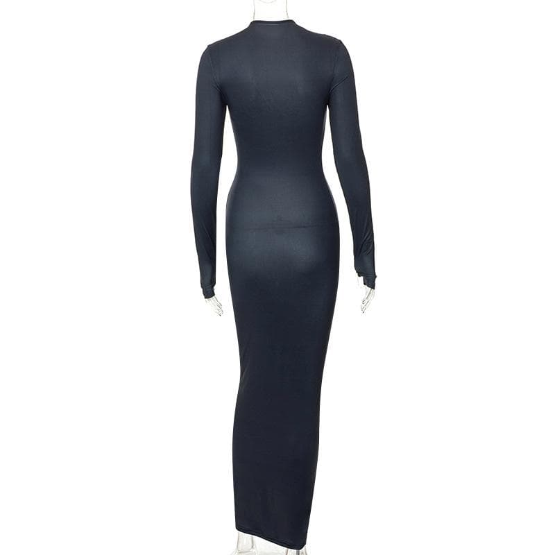 Mock Neck Thumbhole Sleeve Anatomical Graphic Maxi Dress