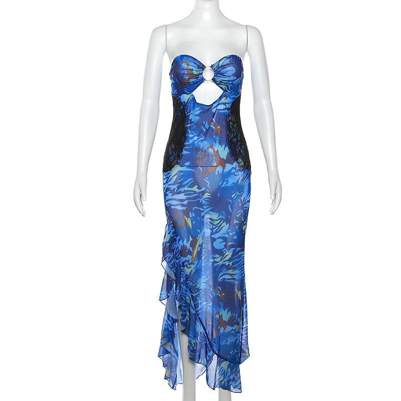 Abstract Print Strapless O-Ring Lace Panel Ruffle High Slit Maxi Dress