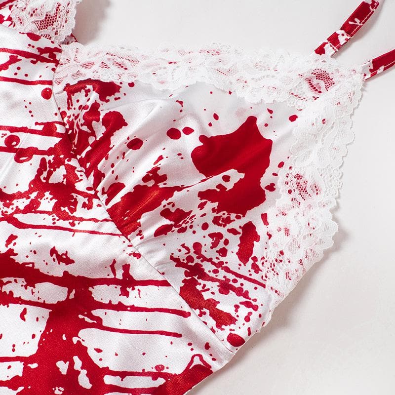 Lace Trim V Neck Splatter Print Cami Slip Mini Dress