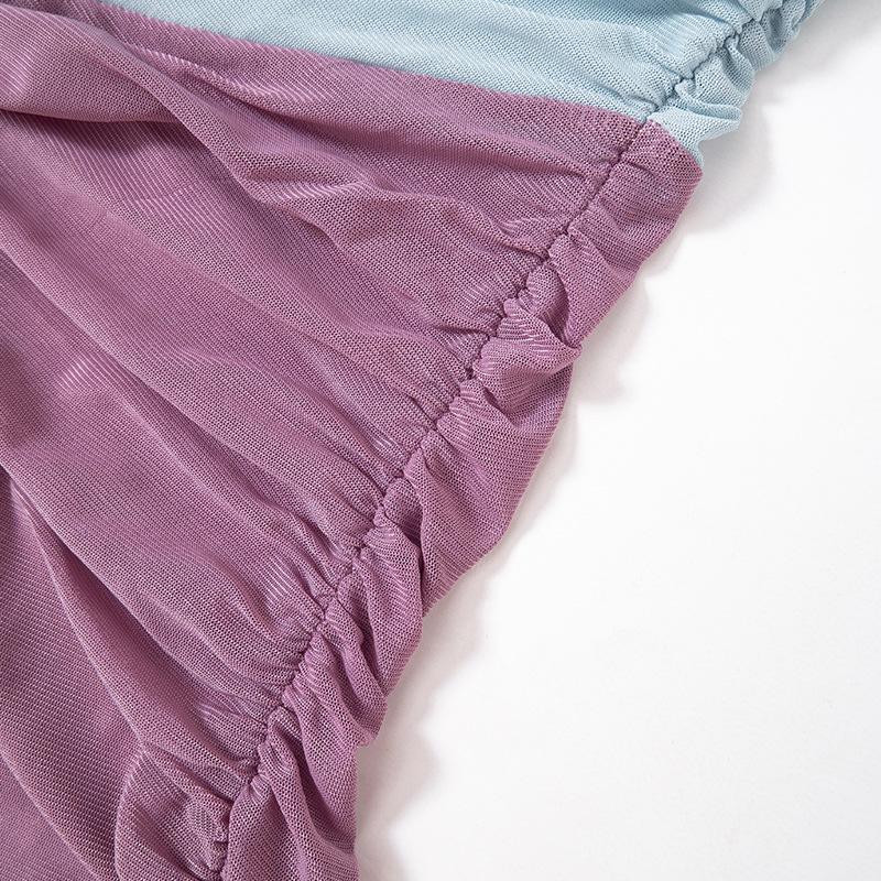 Off Shoulder Color Block Ruched Mesh Maxi Dress