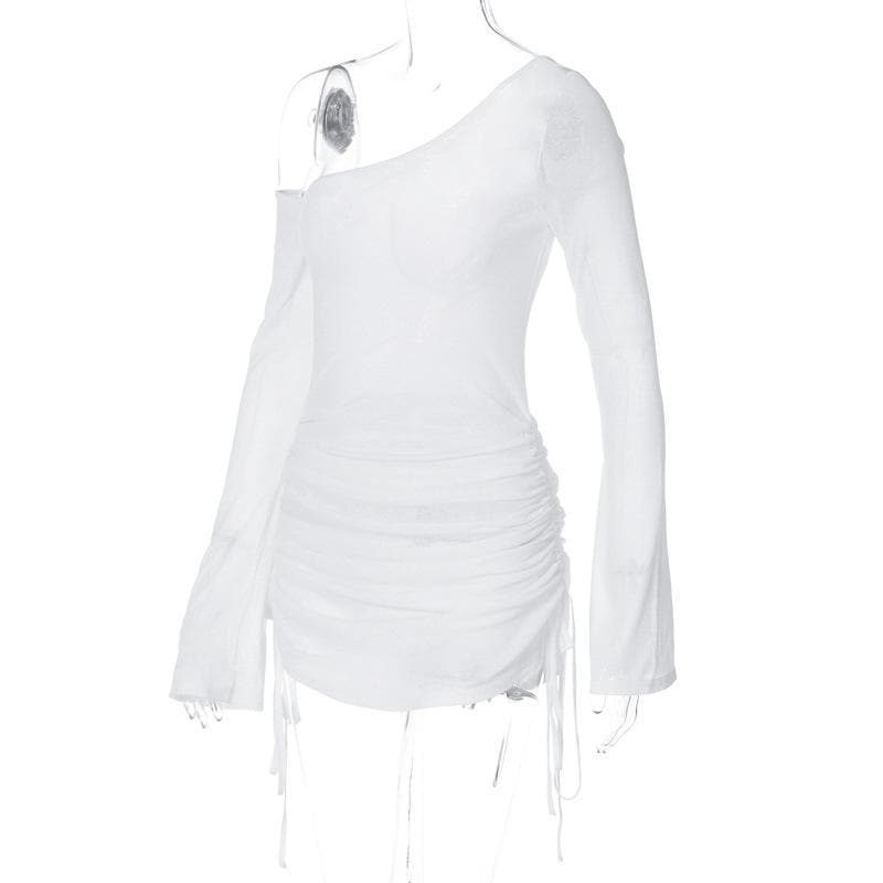 Chiffon One Shoulder Drawstring Side Ruched Long Sleeve Bodycon Mini Dress
