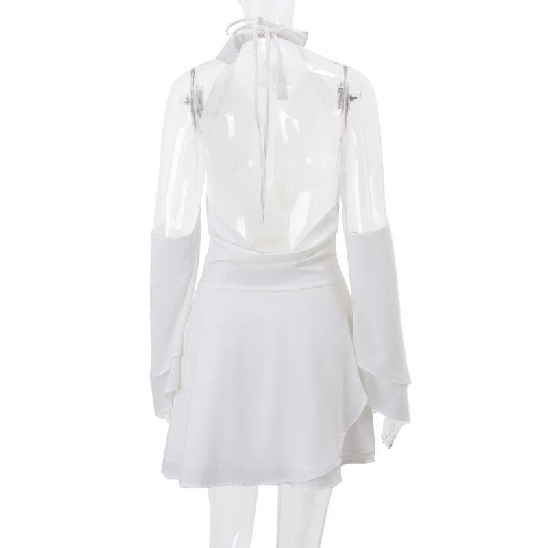 Cowl Neck Halter Cutout Bell Sleeve Zip Front Mini Dress