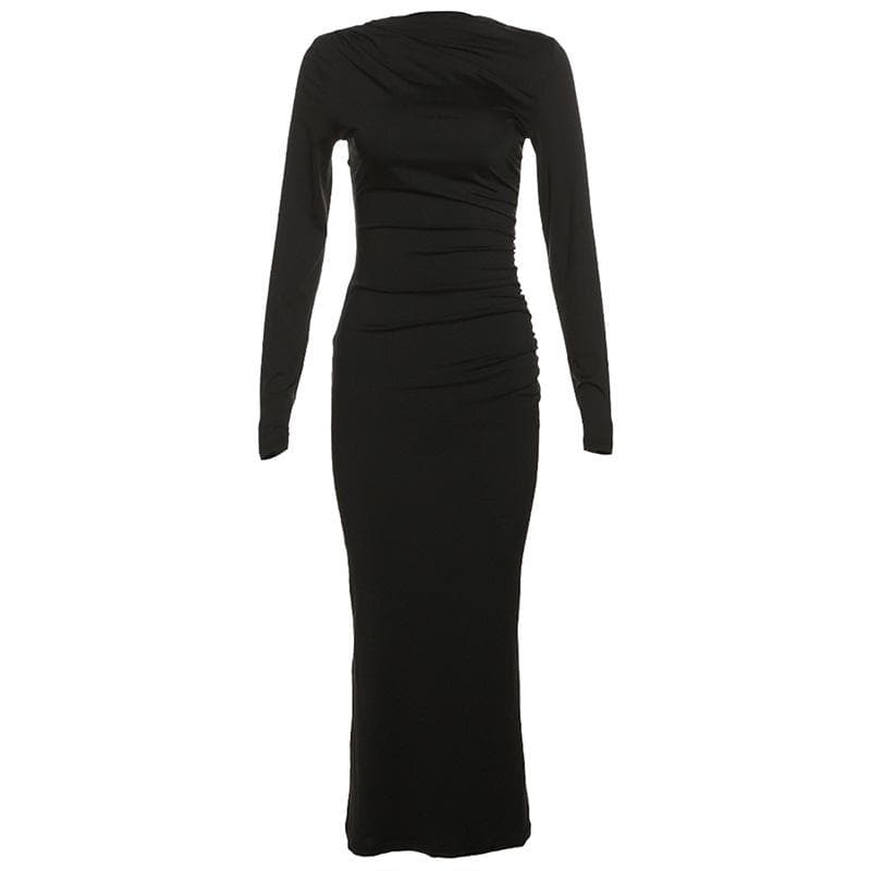 Boat Neck Ruched Gathered Long Sleeve Zip Maxi Dress