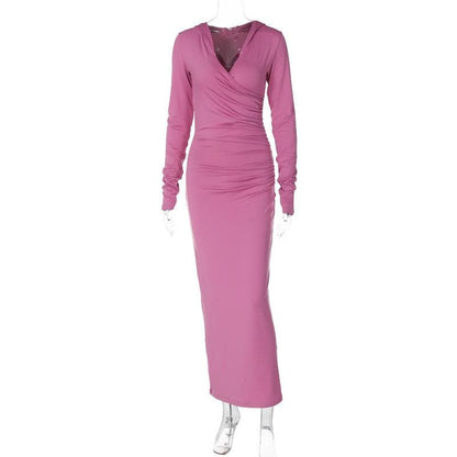 Hooded V-Neck Wrap Ruched Long Sleeve Bodycon Maxi Dress