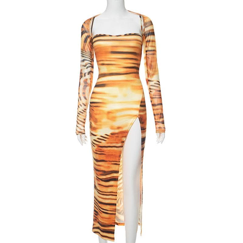 Tiger Print Spaghetti Strap Thigh Slit Bodycon Maxi Dress with Long Sleeve Shrug