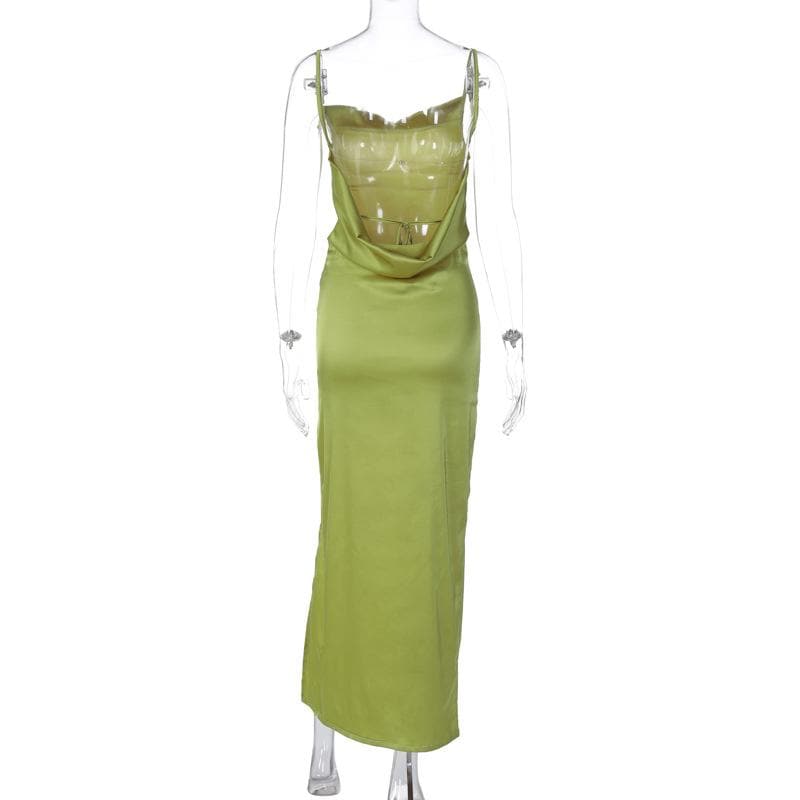 Spaghetti Strap Cowl Neck Side Slit Satin Cami Maxi Dress