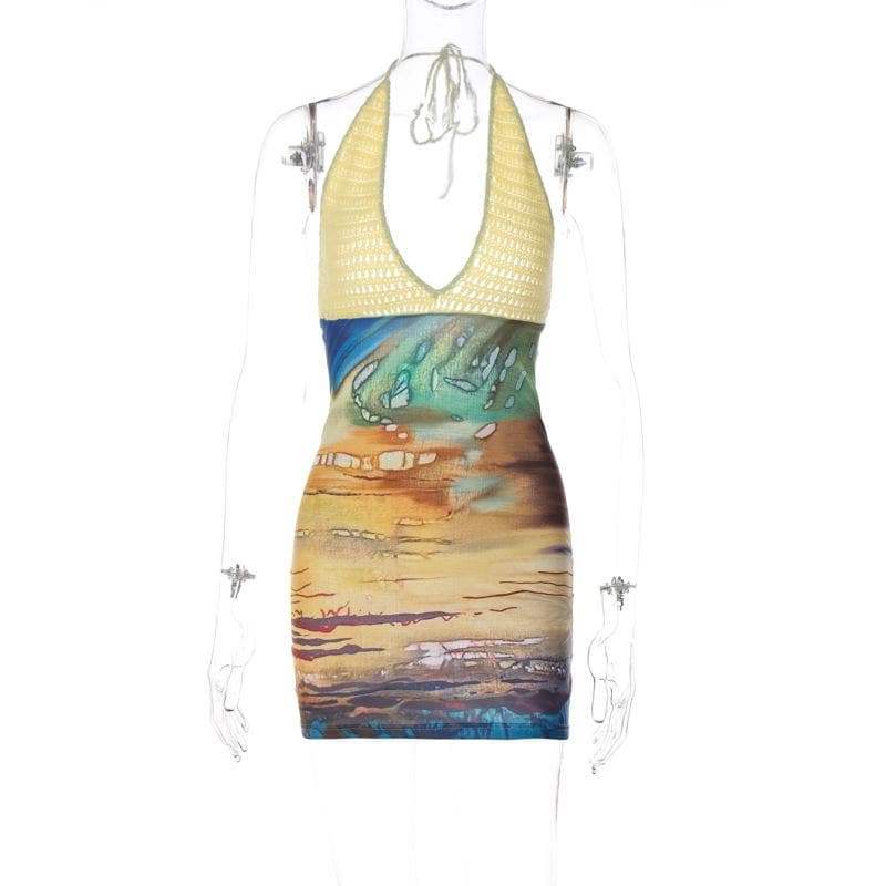 Crochet Halter Plunging Neck Abstract Landscape Print Mini Dress