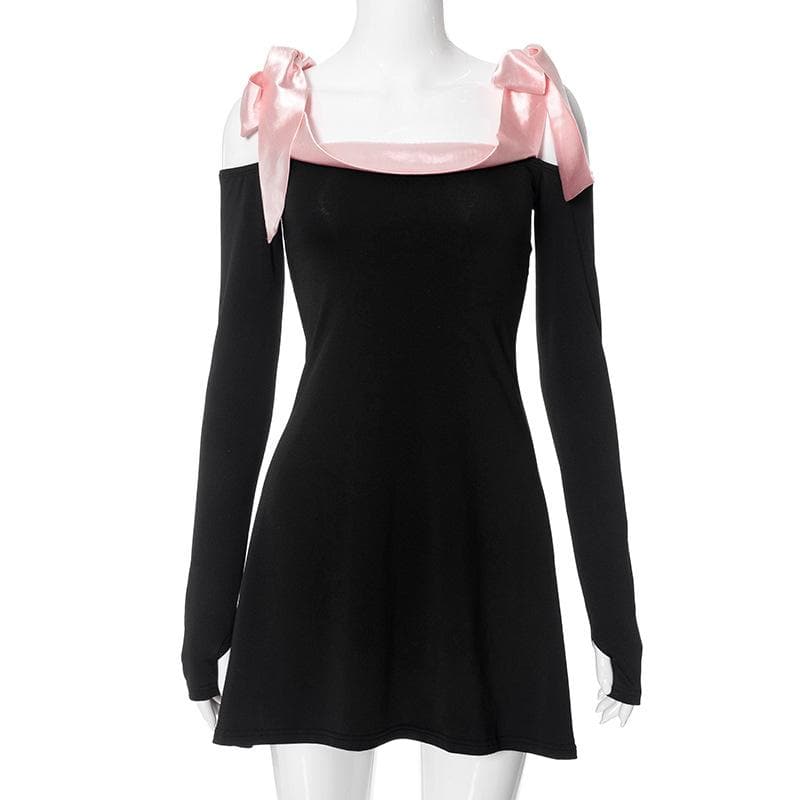 Off Shoulder Satin Ribbon Bow Thumbhole Long Sleeve Mini Dress