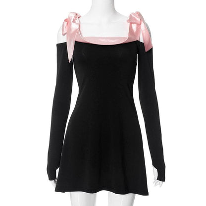 Off Shoulder Satin Ribbon Bow Thumbhole Long Sleeve Mini Dress
