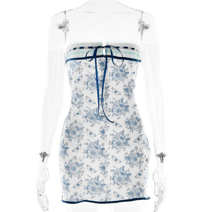 Strapless Lace Trim Bow Tie Butterfly Print Tube Mini Dress