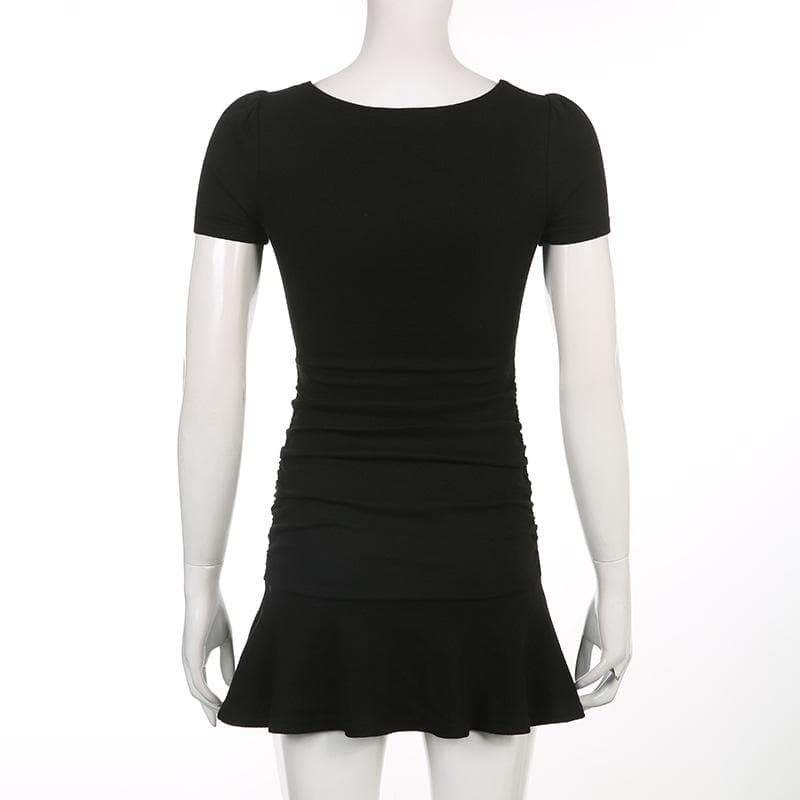 Rib Knit Square Neck Short Sleeve Side Ruched Ruffle Hem Bodycon Mini Dress