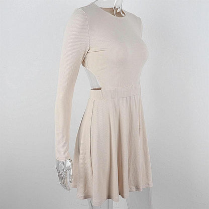 Ribbed Knit Band Waist Long Sleeve Skater Mini Dress